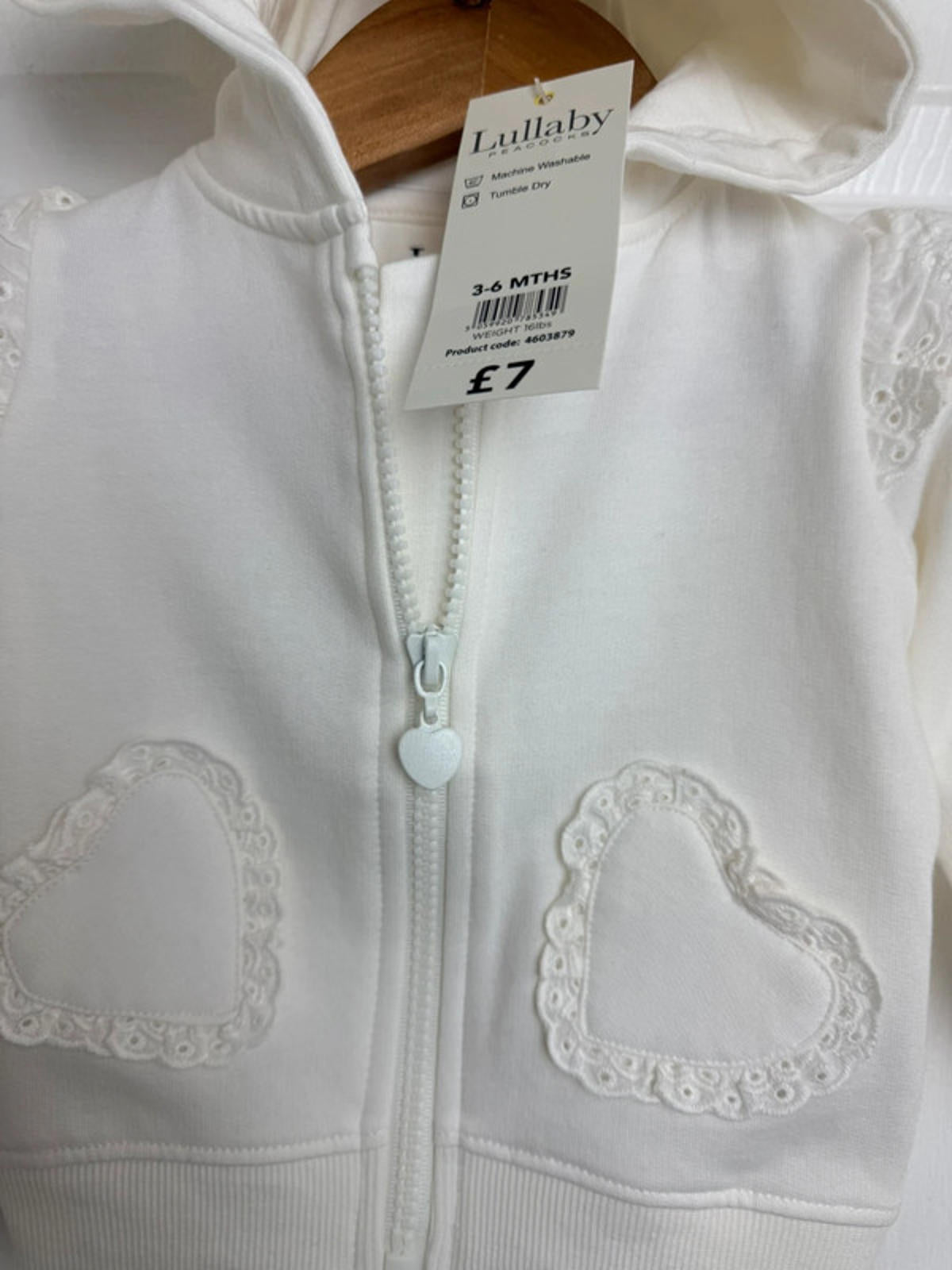 Lullaby Baby Cream Zip Eyelet Heart Detail Hoodie - Baby Girls 3 - 6 Months - Back On The Shelves High Street Discount Outlet Online UK