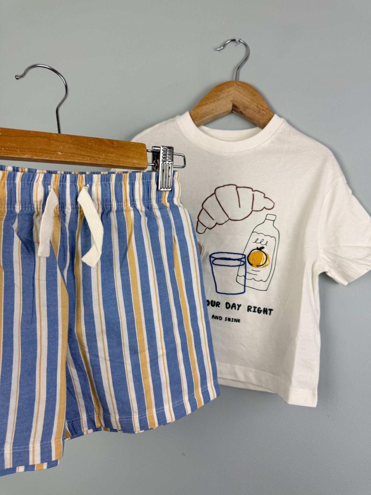 Kids Breakfast Print Top & Stripe Shorts Pyjama Set - Boys 12 - 18m to 4 - 5 Years - Back On The Shelves High Street Discount Outlet Online UK