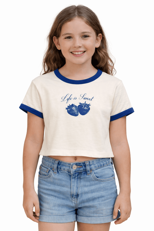 Ex MS Blue Strawberry Short Sleeve Top - Girls 9 - 15 Years - Back On The Shelves High Street Discount Outlet Online UK