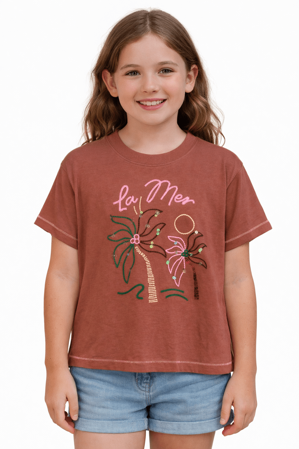 Ex MS Sequin Palm Tree Short Sleeve Top - Girls 2 - 10 Years - Back On The Shelves High Street Discount Outlet Online UK