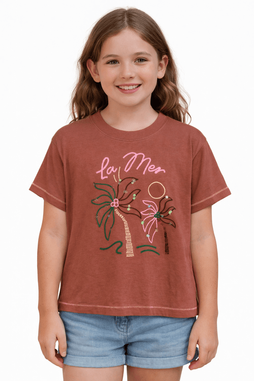 Ex MS Sequin Palm Tree Short Sleeve Top - Girls 2 - 10 Years - Back On The Shelves High Street Discount Outlet Online UK