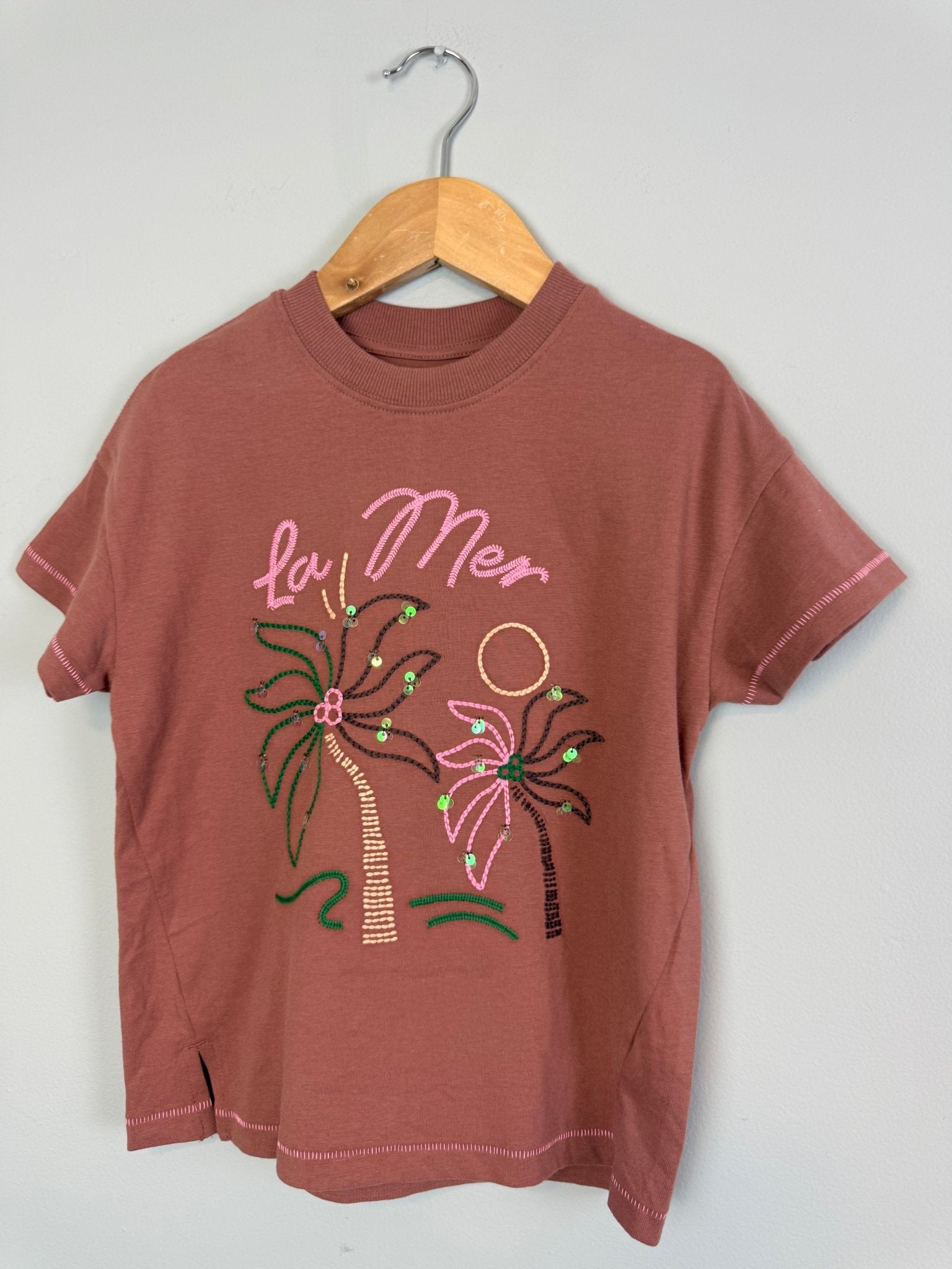 Ex MS Sequin Palm Tree Short Sleeve Top - Girls 2 - 10 Years - Back On The Shelves High Street Discount Outlet Online UK