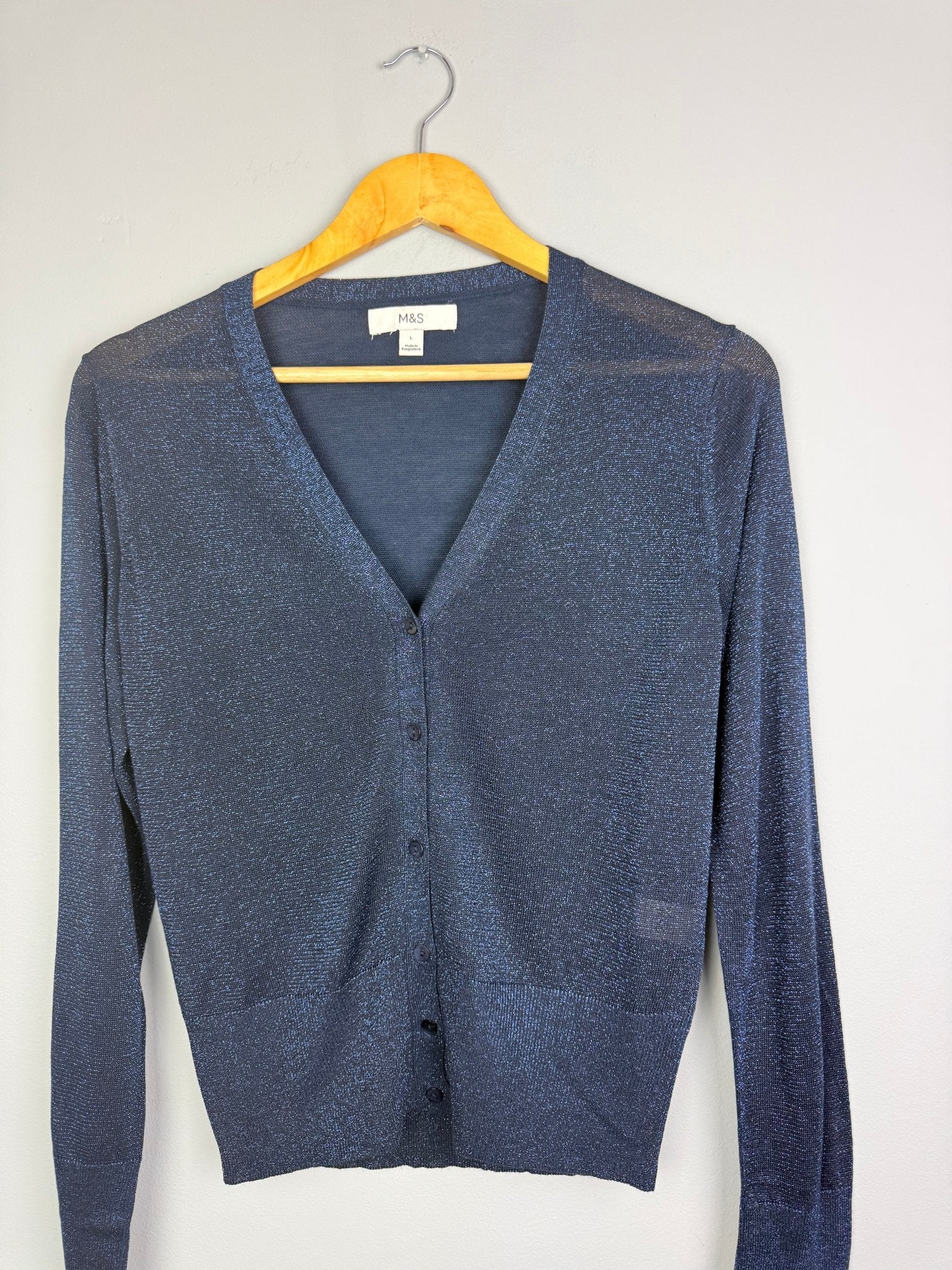 Ladies Ex MS Blue Shimmer Cardigan - Size L - Back On The Shelves High Street Discount Outlet Online UK