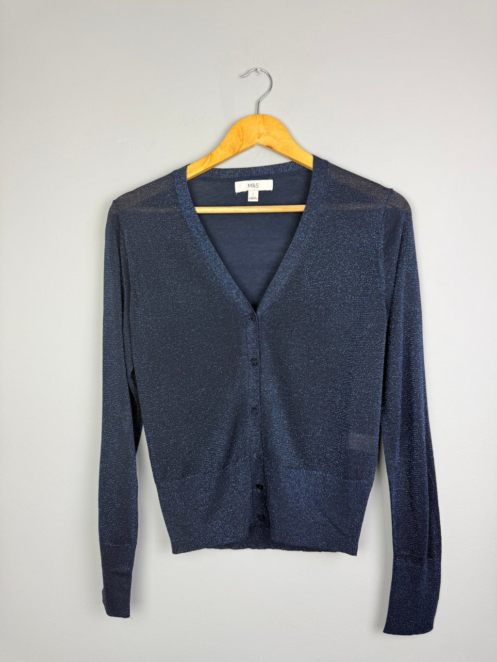 Ladies Ex MS Blue Shimmer Cardigan - Size L - Back On The Shelves High Street Discount Outlet Online UK